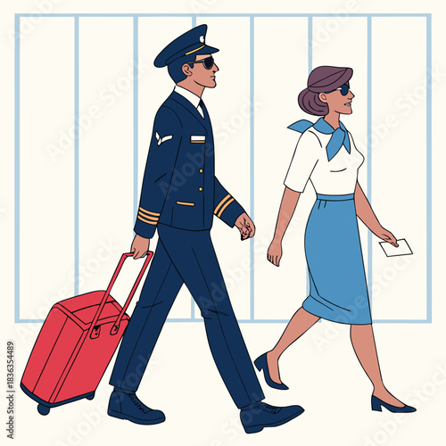Airline pilot with red suitcase and flight attendant are walking side by side smoothly