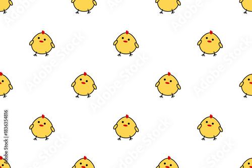 Cute seamless natural pattern, yellow chicks with  red crest on  white background. Animal, chicken on  farm. Easter. For wallpaper, textiles, packaging, backgrounds and websites. Flat cartoon design.