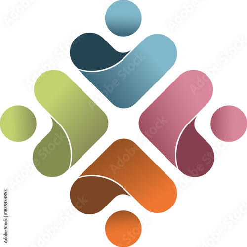 Global community logo design, abstract 4 person group icon, family social support, teenagers, human resources company, business partnership, teamwork, people, network, connected, cooperation, logo