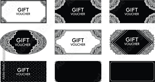 Set of Gift Voucher and Certificate Cards Vector, Decorative Borders, Mandala Patterns, and Polka Dot Backgrounds, Black and White Templates for Presents