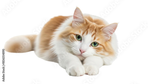 Ginger and white cat lying down isolated PNG with Transparent Background