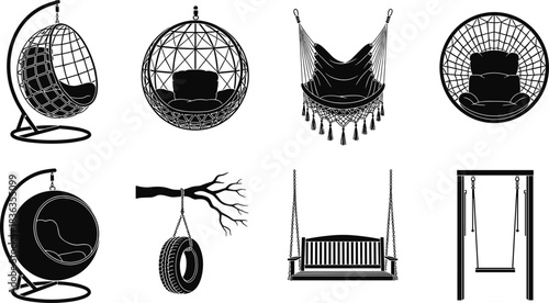 Set of Hanging Swing Chairs and Seats Vector, Egg Chairs, Hammock Swings, Bench Swing, and Tire Swing, Black Silhouette Icons for Relaxation and Patio Furniture