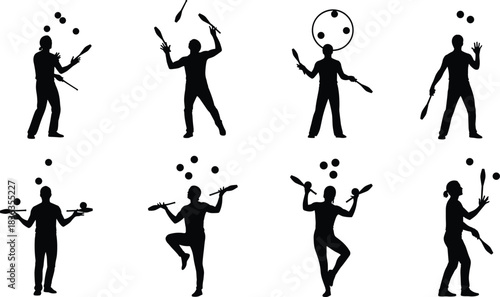 Set of Jugglers Silhouette Vector Illustration, Performers Juggling Balls and Clubs in Various Circus Poses, Black and White Entertainment Icons