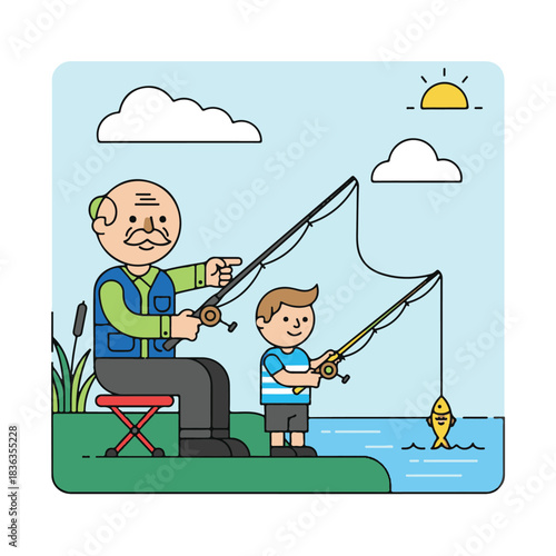 Grandfather and grandson fishing together by a river, with the boy catching a fish, under a sunny sky.