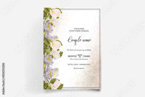 WEDDING INVITATION FRAME WITH FLOWER DECORATIONS AND FRESH LEAVES