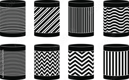 Set of Patterned Cylindrical Cans Vector, Storage Containers or Tins with Stripes, Waves, and Zigzags, Black and White Packaging Icons for Design