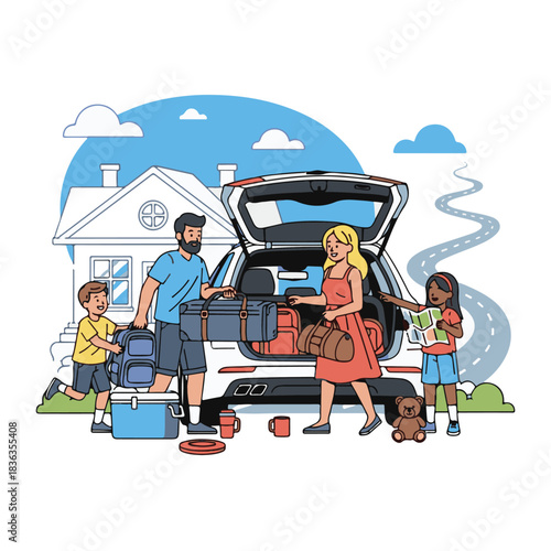 A family of four is packing luggage into the trunk of their car, preparing for a road trip from their house.
