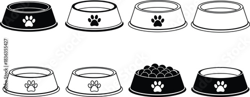 Set of Pet Food and Water Bowls Vector, Paw Print Design, Isolated Black and White Icons for Dog or Cat Feeding, Stock Illustration