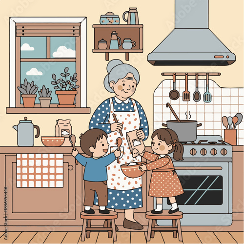 Grandmother and two grandchildren baking together in a cozy kitchen, with the children standing on stools to reach the counter.
