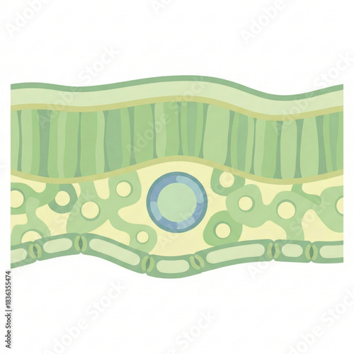 Detailed leaf structure illustration showcasing plant cells and tissues for educational purposes, perfect for science textbooks and botany resources