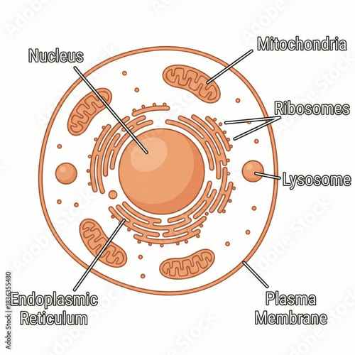 Discover the intricate beauty of a cell's anatomy with this detailed biological diagram highlighting nucleus, mitochondria, and endoplasmic reticulum