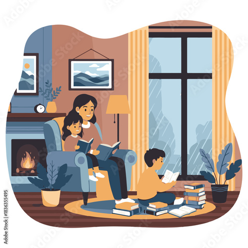 A mother and two children are reading books together in a cozy living room with a fireplace, while rain falls outside the window.