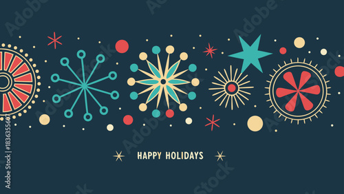 Happy Holidays printable banner, card, vector with Christmas snowflake card, winter, clipart, modern graphic snowflakes, business, Holiday card background, unique, simple style geometric shapes