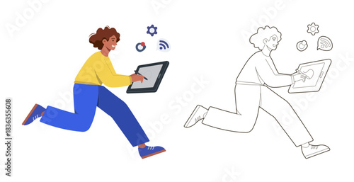 Young person with technology equipment, digital illustration in commercial cartoon style, PNG vector.
