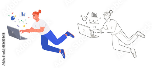 Person with laptop, technology illustration PNG vector.