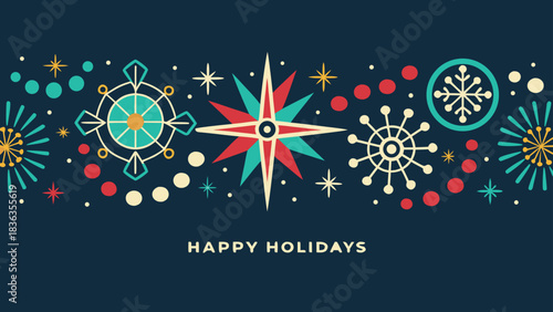 Happy Holidays printable banner, card, vector with Christmas snowflake card, winter, clipart, modern graphic snowflakes, business, Holiday card background, unique, simple style geometric shapes