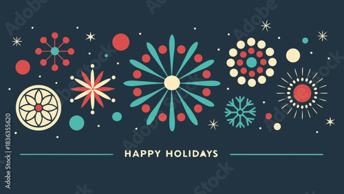 Happy Holidays printable banner, card, vector with Christmas snowflake card, winter, clipart, modern graphic snowflakes, business, Holiday card background, unique, simple style geometric shapes