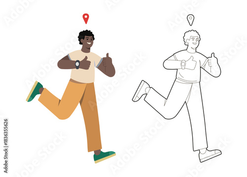 Person running, pedometer, technological clock, vector illustration PNG
