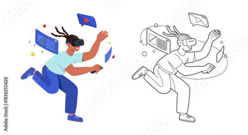 Young person with technological equipment streaming videos augmented reality