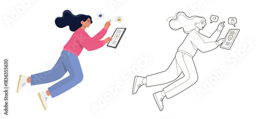Person floating with a digital splint in hand, technological illustration, vector c.
