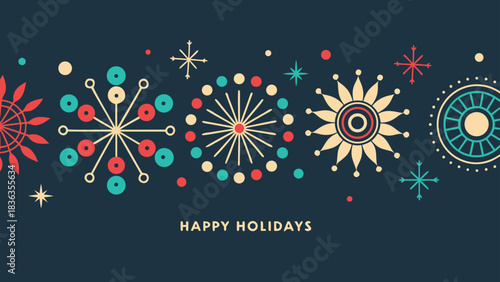 Happy Holidays printable banner, card, vector with Christmas snowflake card, winter, clipart, modern graphic snowflakes, business, Holiday card background, unique, simple style geometric shapes
