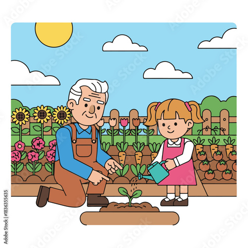 A grandfather kneels and points as his granddaughter waters a small plant in their garden on a sunny day.