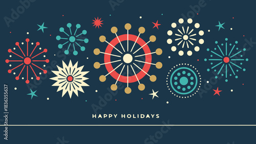 Happy Holidays printable banner, card, vector with Christmas snowflake card, winter, clipart, modern graphic snowflakes, business, Holiday card background, unique, simple style geometric shapes