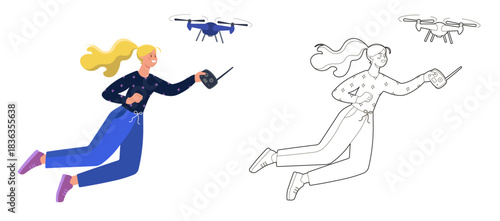 Illustration drawing of a person with a controller in their hand controlling a drone, PNG illustration.