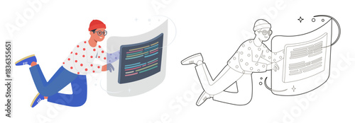 person with digital technology equipment, files in augmented reality, vector illustration png