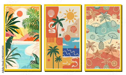 Summer beach illustration with tropical landscape, palm trees, ocean elements, retro vacation design for travel and holiday artwork