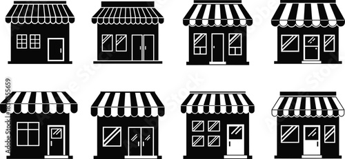 Set of Store Fronts and Shop Icons Vector, Retail Building Facades with Striped Awning, Commercial Business and Market Black Silhouette Illustration
