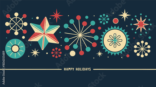 Happy Holidays printable banner, card, vector with Christmas snowflake card, winter, clipart, modern graphic snowflakes, business, Holiday card background, unique, simple style geometric shapes