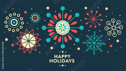 Happy Holidays printable banner, card, vector with Christmas snowflake card, winter, clipart, modern graphic snowflakes, business, Holiday card background, unique, simple style geometric shapes