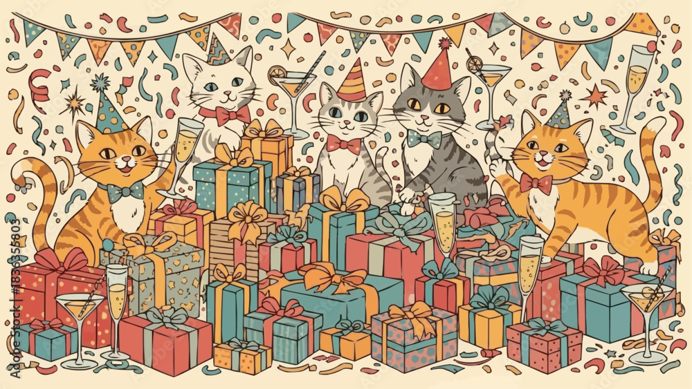 Obraz premium Cute cats celebrating a birthday party with gifts and confetti.