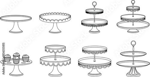 Set of Tiered and Single Cake Stands Vector Illustration, Dessert Display Platter with Scalloped Edges, Black and White Outline Icons for Bakery and Catering
