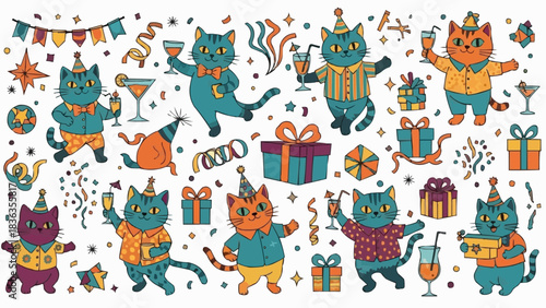 Cute Cartoon Cats Celebrating a Festive Party with Gifts and Drinks.