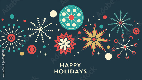 Happy Holidays printable banner, card, vector with Christmas snowflake card, winter, clipart, modern graphic snowflakes, business, Holiday card background, unique, simple style geometric shapes