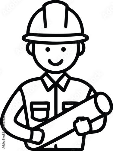 Architect wears hard hat and a shirt while holding a cylindrical blueprint in outline