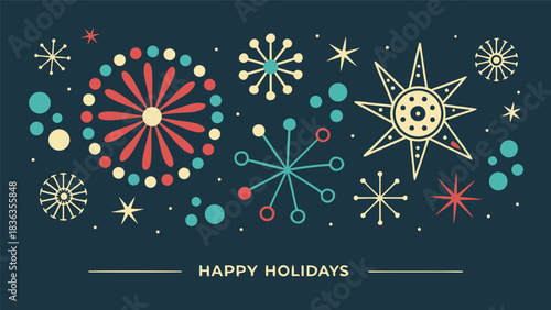 Happy Holidays printable banner, card, vector with Christmas snowflake card, winter, clipart, modern graphic snowflakes, business, Holiday card background, unique, simple style geometric shapes