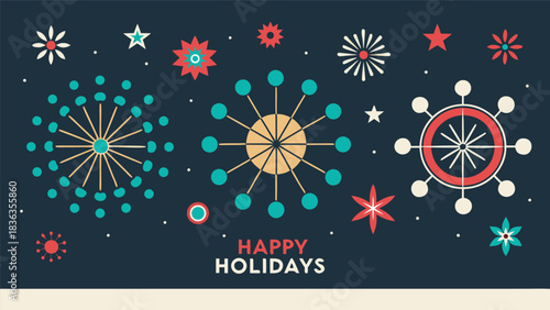 Happy Holidays printable banner, card, vector with Christmas snowflake card, winter, clipart, modern graphic snowflakes, business, Holiday card background, unique, simple style geometric shapes