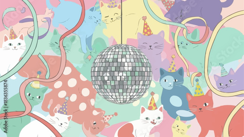 Cats celebrate party with disco ball and colorful ribbons.