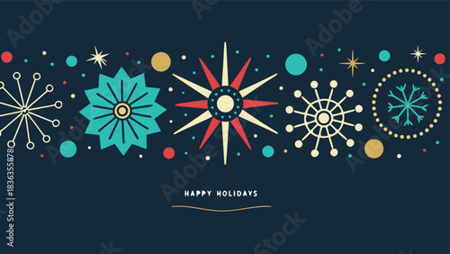 Happy Holidays printable banner, card, vector with Christmas snowflake card, winter, clipart, modern graphic snowflakes, business, Holiday card background, unique, simple style geometric shapes