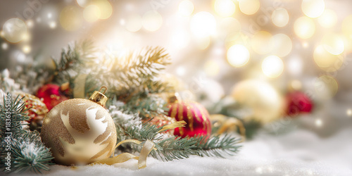 Luxurious golden Christmas ornaments on snowy background