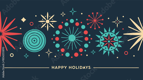 Happy Holidays printable banner, card, vector with Christmas snowflake card, winter, clipart, modern graphic snowflakes, business, Holiday card background, unique, simple style geometric shapes