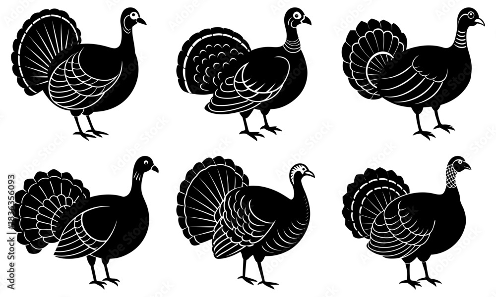 Obraz premium Six stylized turkey silhouettes in black and white arranged in two rows on a white background