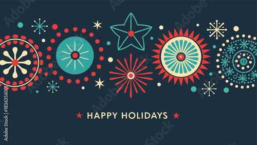 Happy Holidays printable banner, card, vector with Christmas snowflake card, winter, clipart, modern graphic snowflakes, business, Holiday card background, unique, simple style geometric shapes