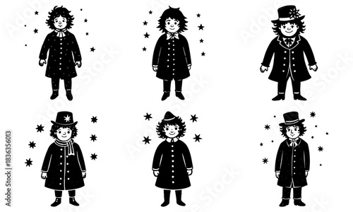 Six monochrome illustrations of children in coats and hats surrounded by scattered star shapes in black and white