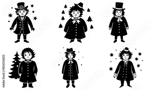 Illustration of six boys in hats and coats surrounded by trees and stars in black and white style