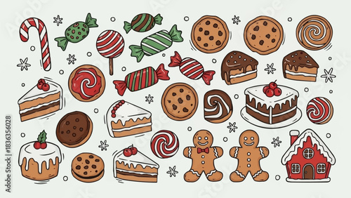 A festive collection of hand drawn Christmas sweets and treats.