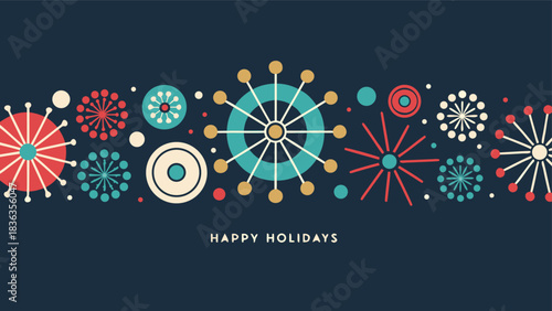 Happy Holidays printable banner, card, vector with Christmas snowflake card, winter, clipart, modern graphic snowflakes, business, Holiday card background, unique, simple style geometric shapes